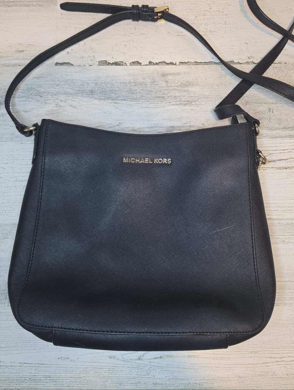 Michael Kors Black Saffiano Leather Shoulder Crossbody Hobo Gold + Dust Bag